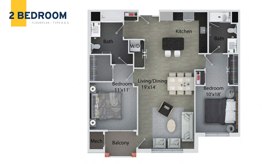 Floor plan for 2 beds, 2 baths, 1091 sqft